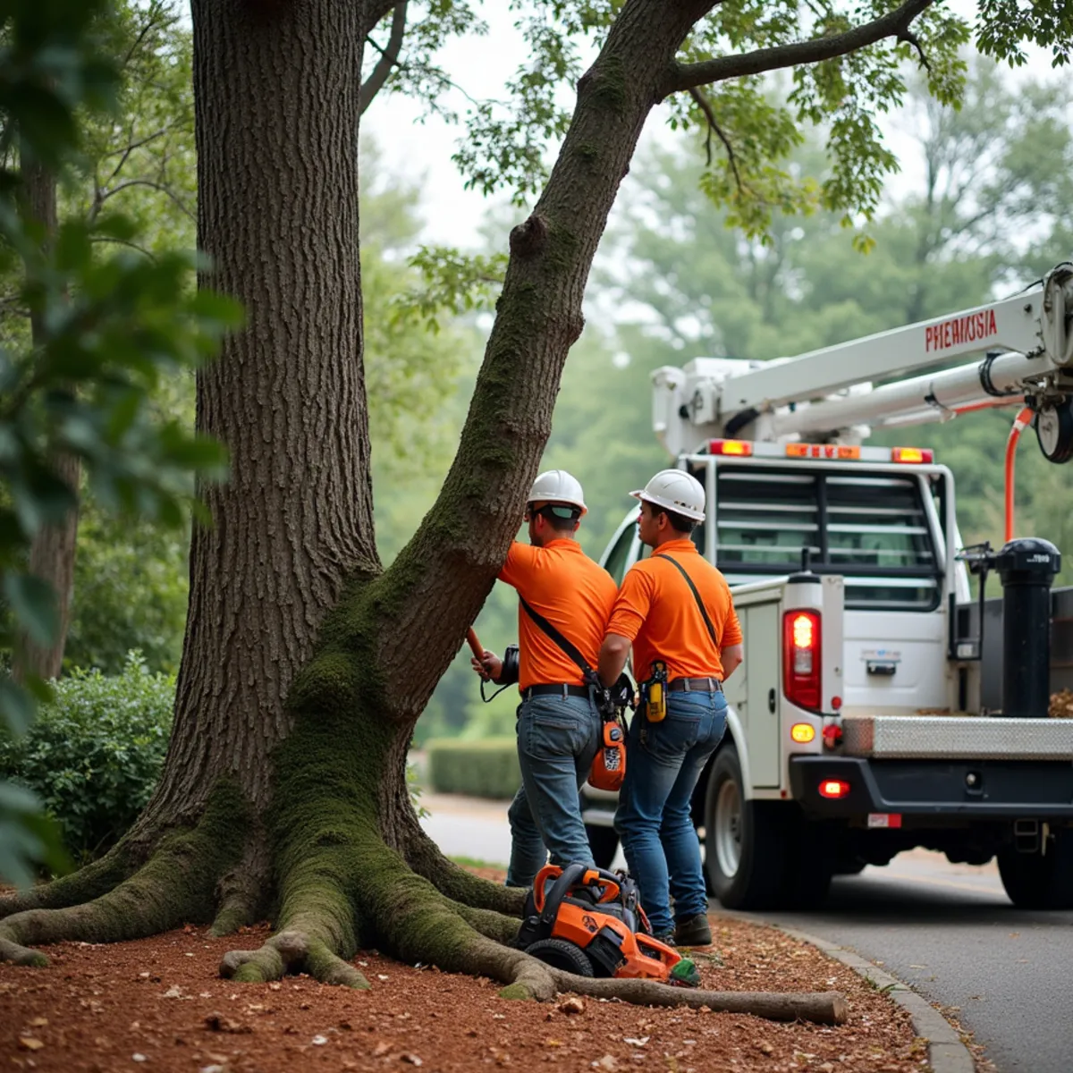 Property manager reviewing tree inspection records on a commercial parking lot lined with mature trees in Atlanta, Georgia