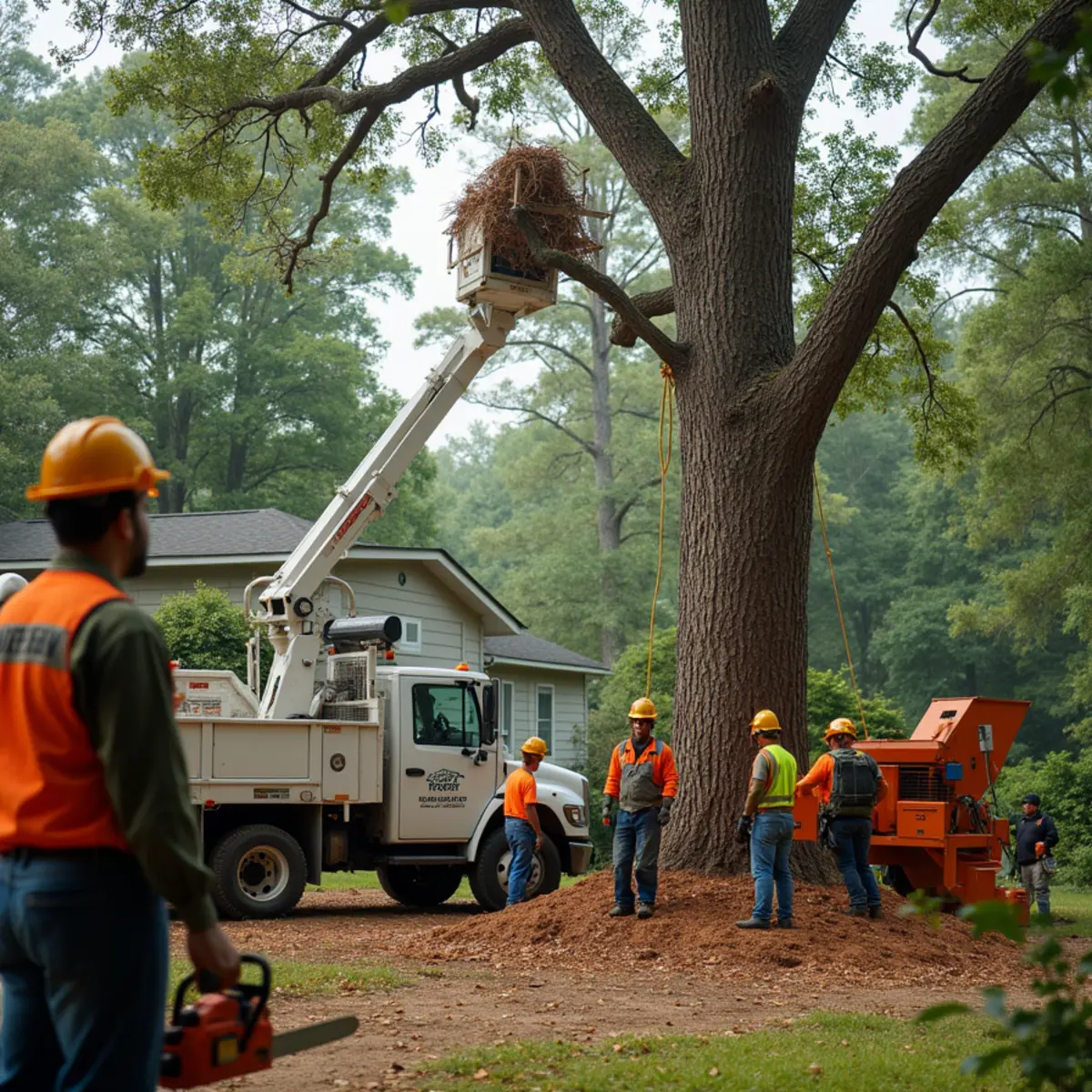 Crane lifting a large hardwood section over a house from a tight backyard in Atlanta, Georgia