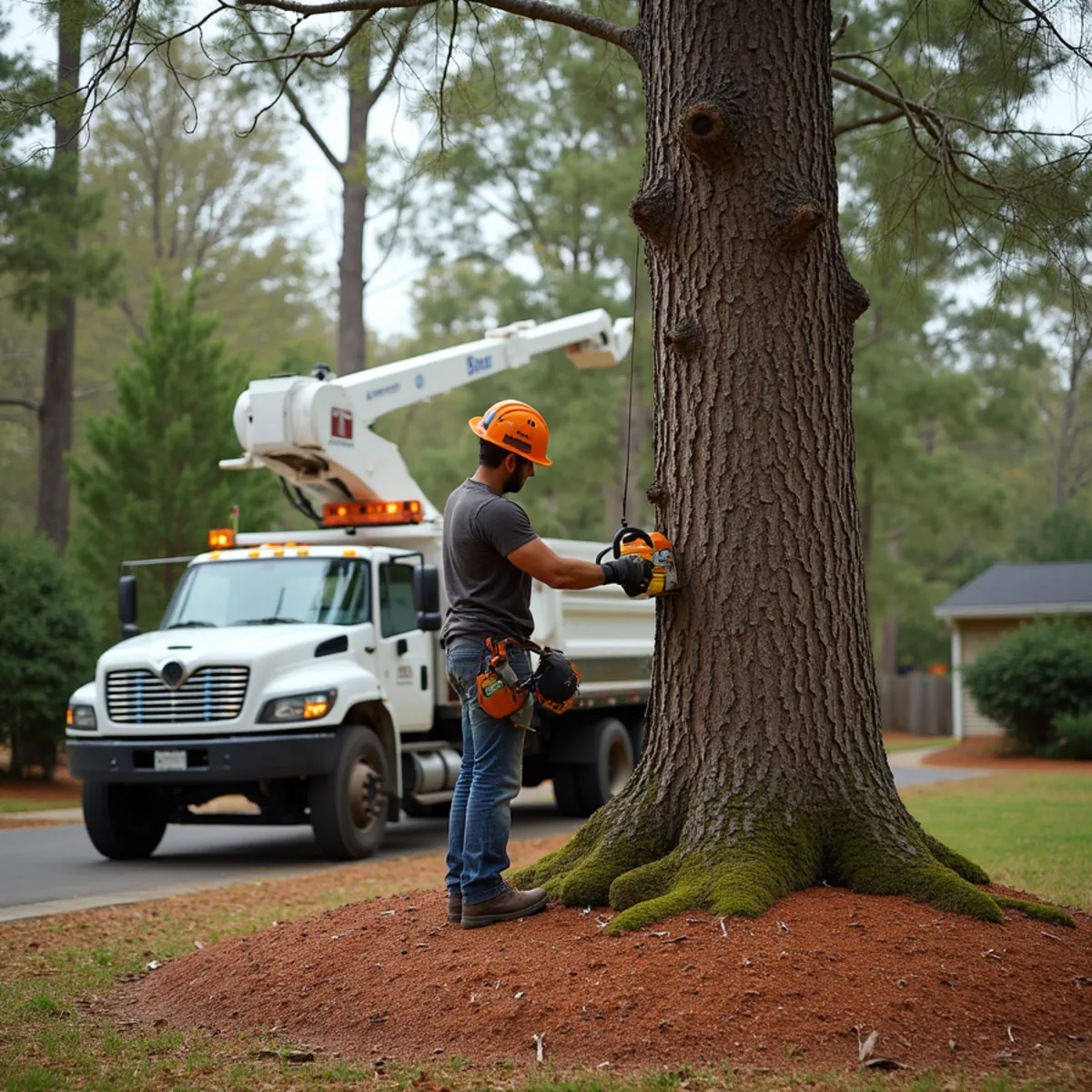 Mature tree growing close to a home foundation and gutters in Brookhaven, Georgia
