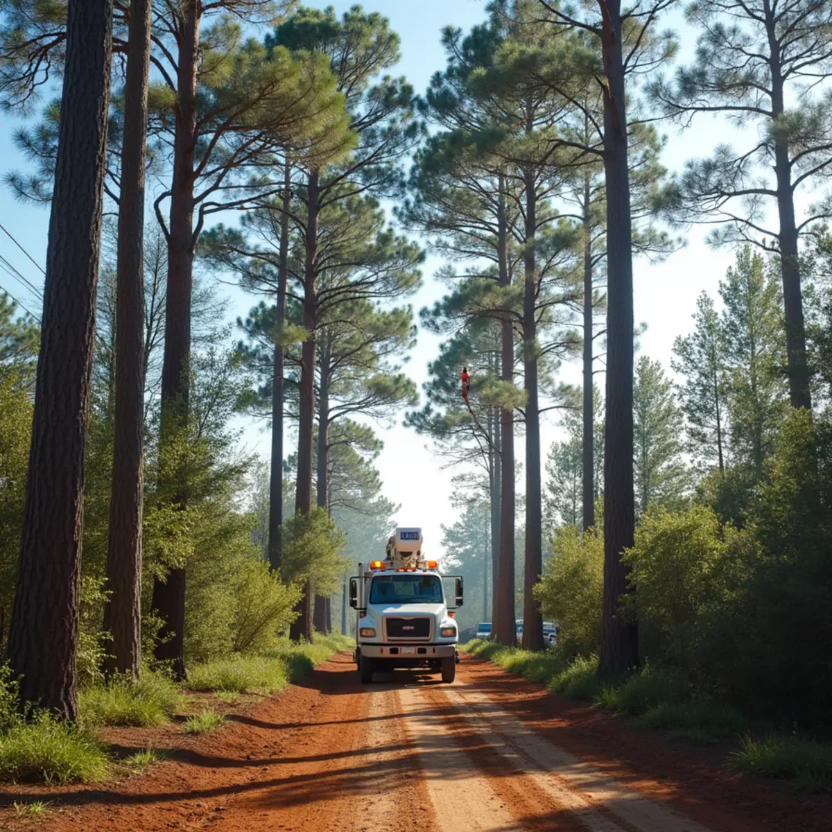 Tall loblolly pine leaning toward overhead power lines in a Woodstock, North Georgia subdivision