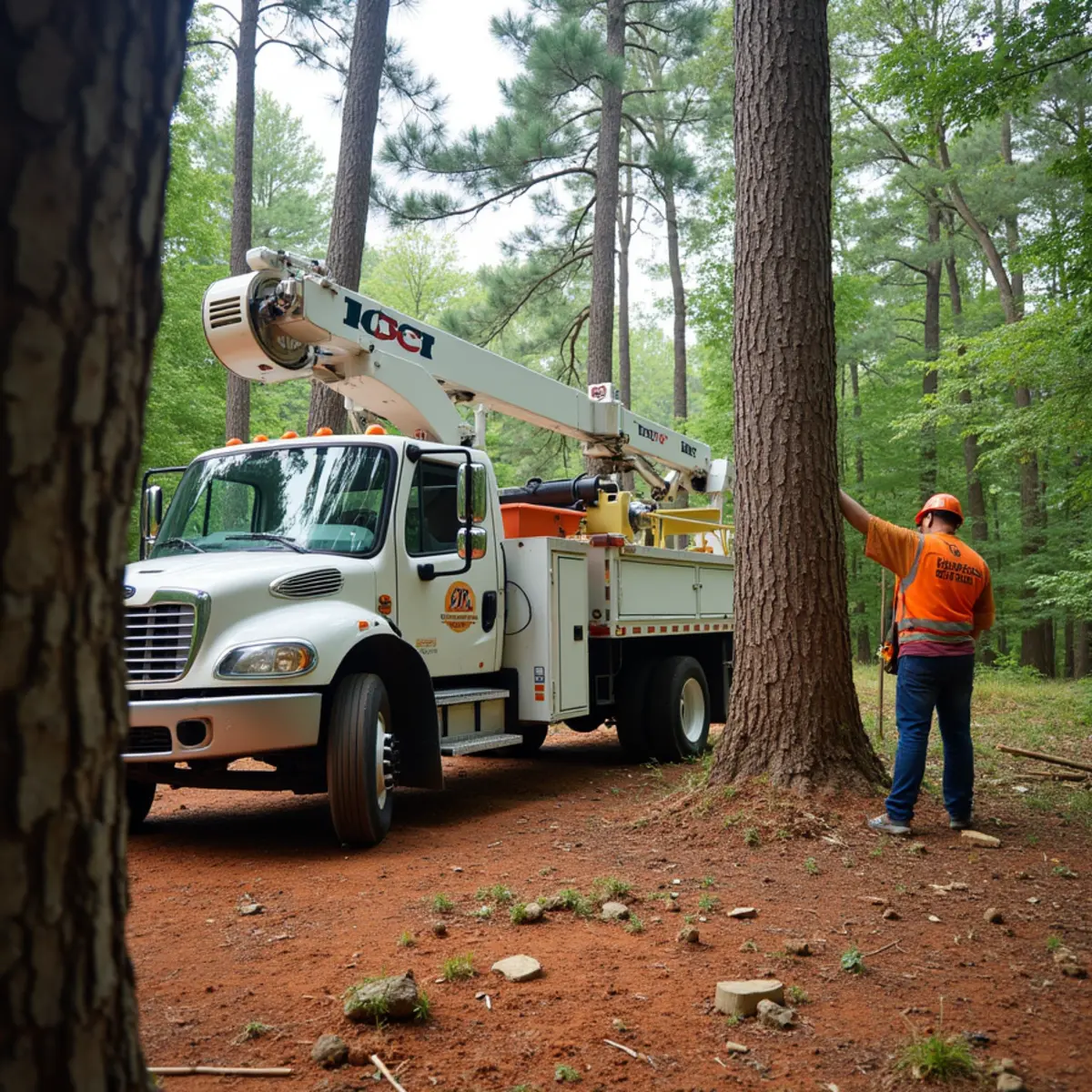 Partially cleared wooded building lot with marked keeper trees in Milton, North Fulton County Georgia