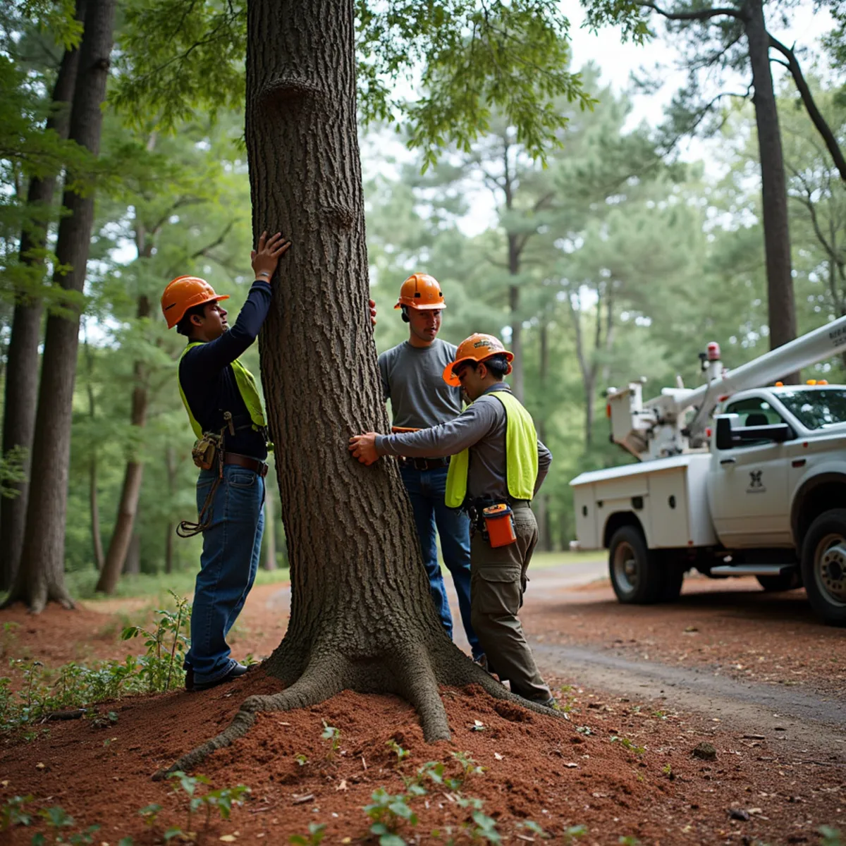 Homeowner inspecting a mature backyard oak for storm hazards before a tropical system in Atlanta, Georgia