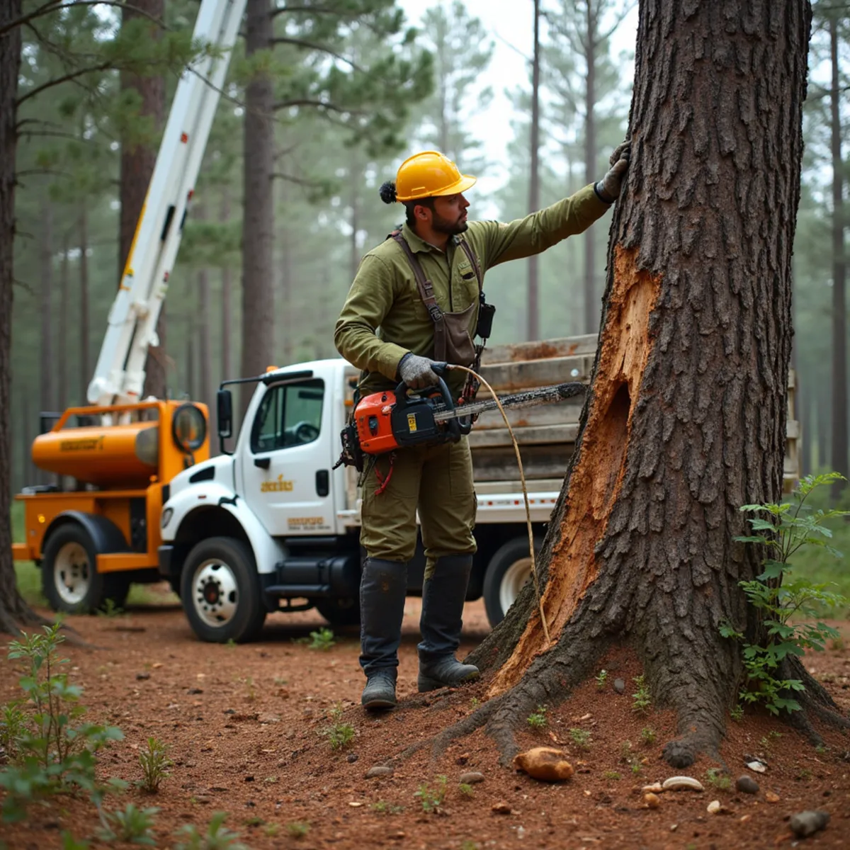 Loblolly pine with fading red-brown crown and pitch tubes from southern pine beetle in Fulton County, Georgia