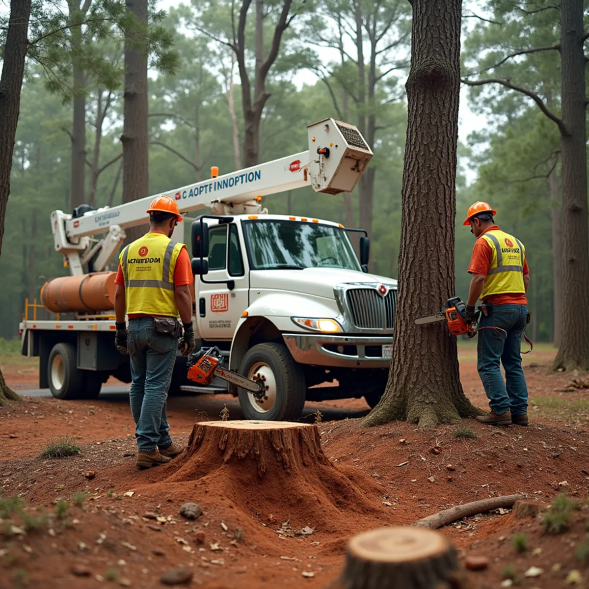 Stump grinder cutting a hardwood stump into chips in Georgia red clay soil in Roswell