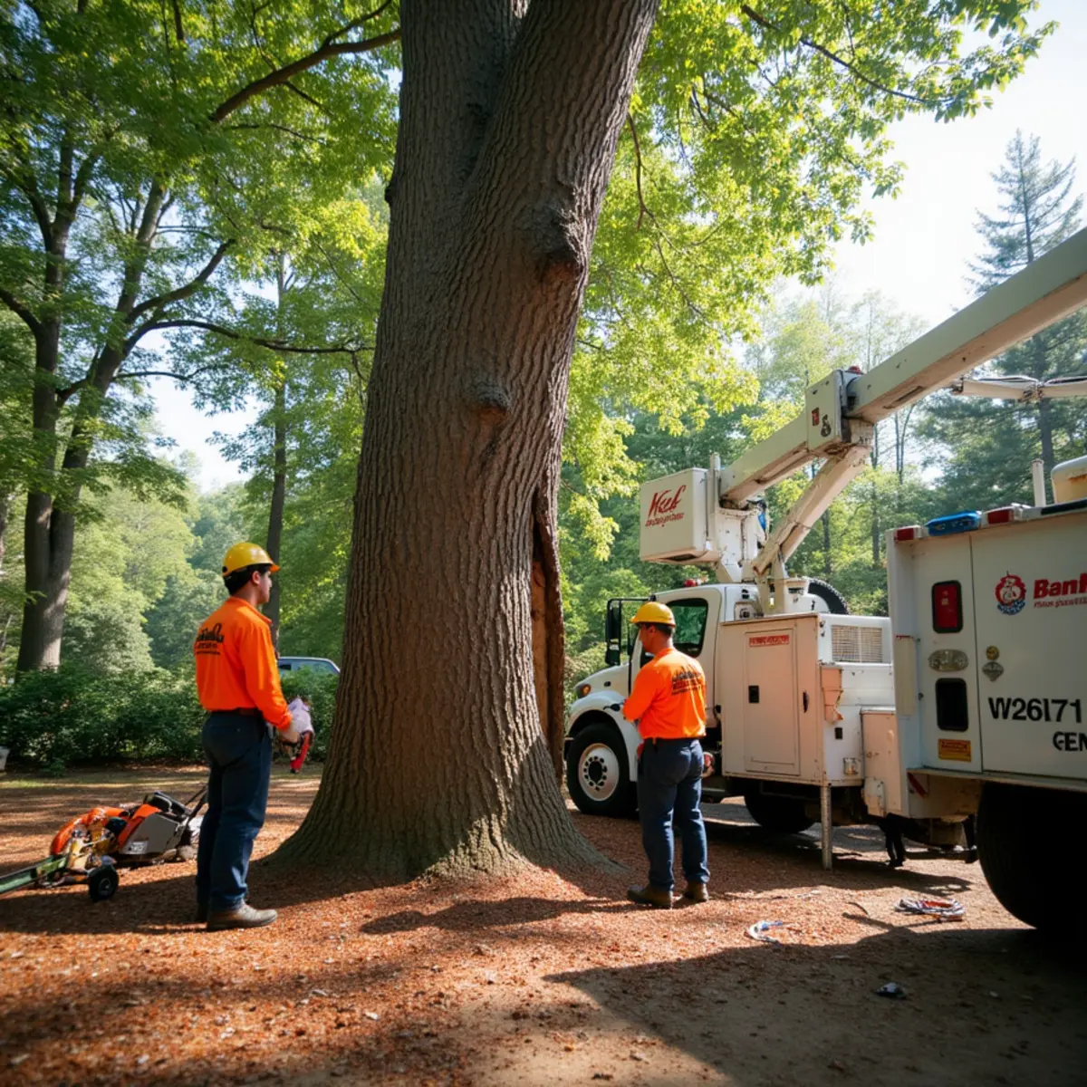 Steel support cable installed high in a multi-stem hardwood canopy in Dunwoody, Georgia