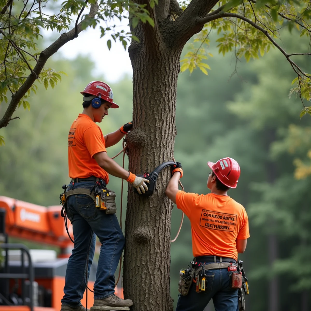 Arborist making a proper reduction cut on a mature oak branch in a Decatur, Georgia yard
