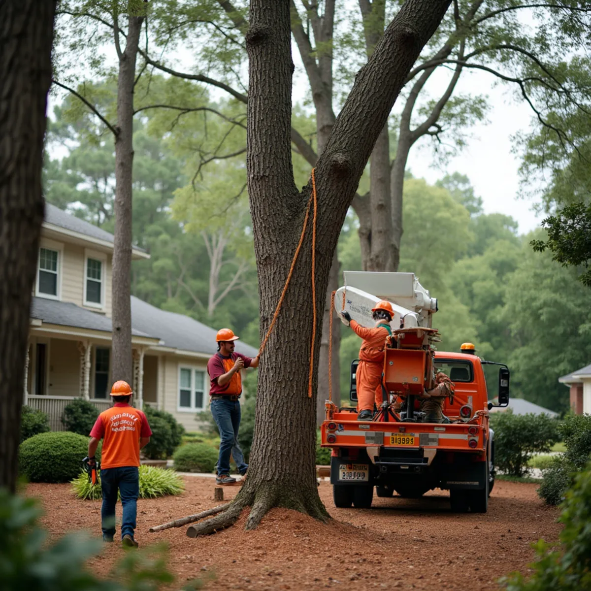 Tree crew rigging down a large hardwood in a tight Atlanta backyard to illustrate removal cost factors