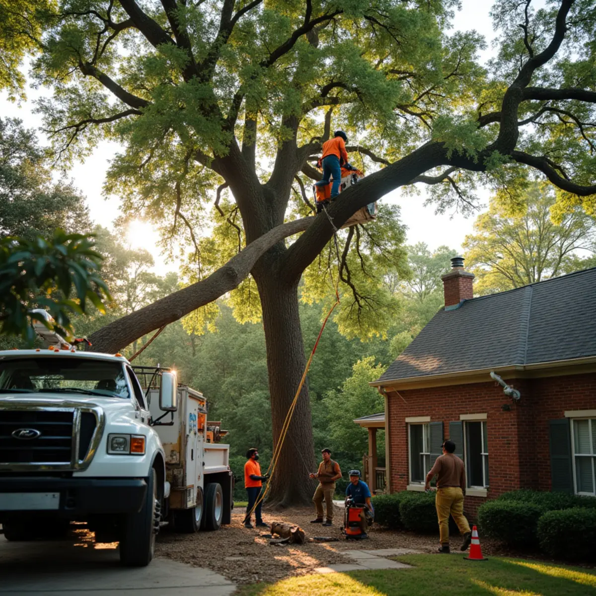 Certified arborist crew removing a storm-damaged tree from a home in Atlanta, GA