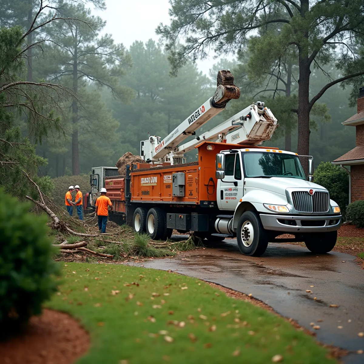 Crew clearing storm-downed trees and debris from a yard in Atlanta, GA