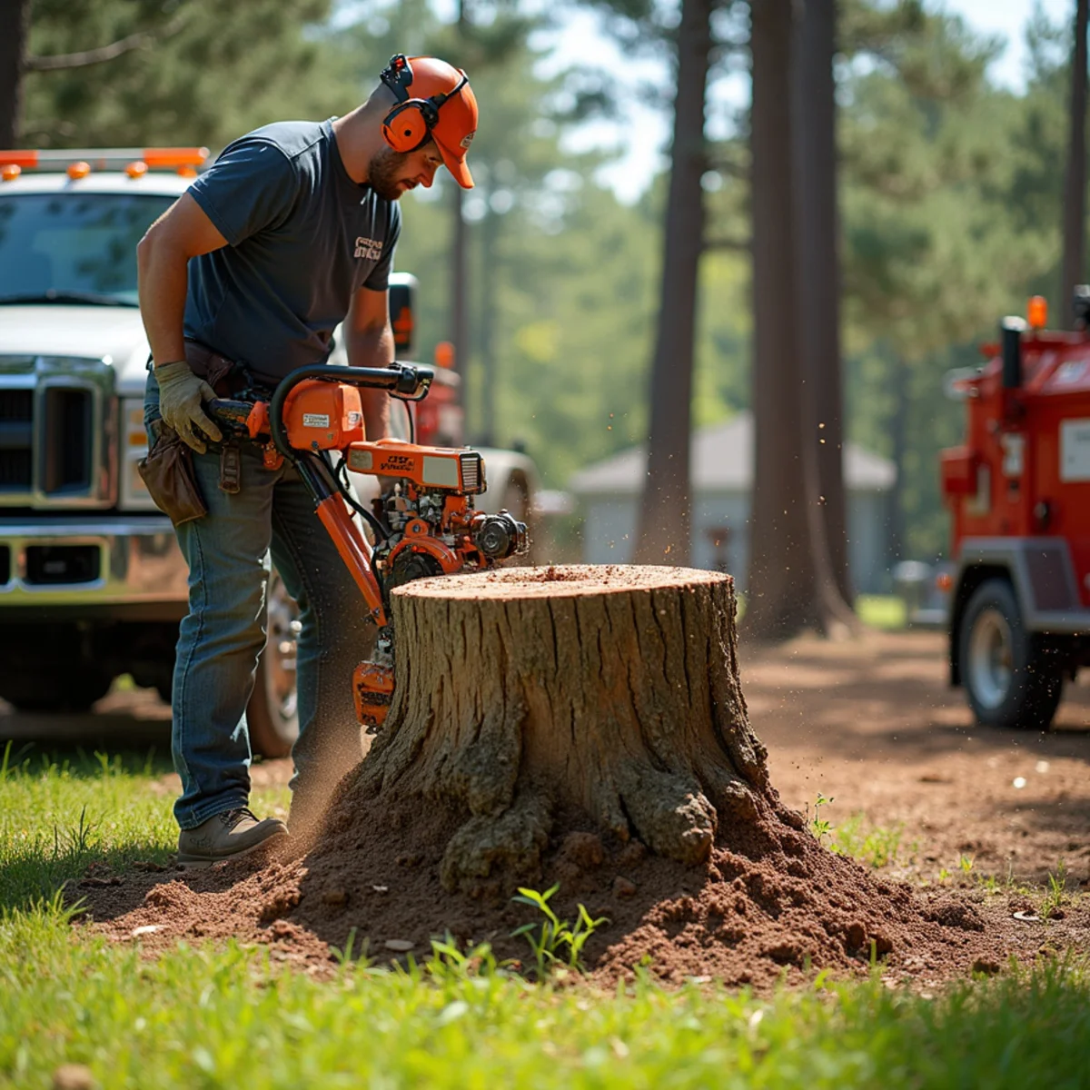 Stump grinder reducing a hardwood stump below grade in an Atlanta, GA backyard