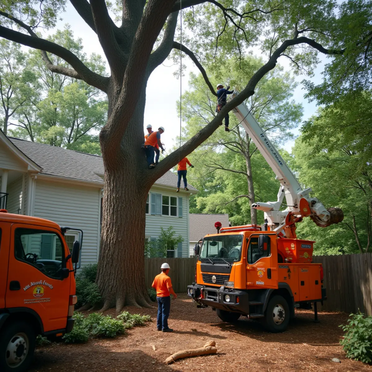 Arborist rigging down a large hardwood during a tree removal in Atlanta, GA