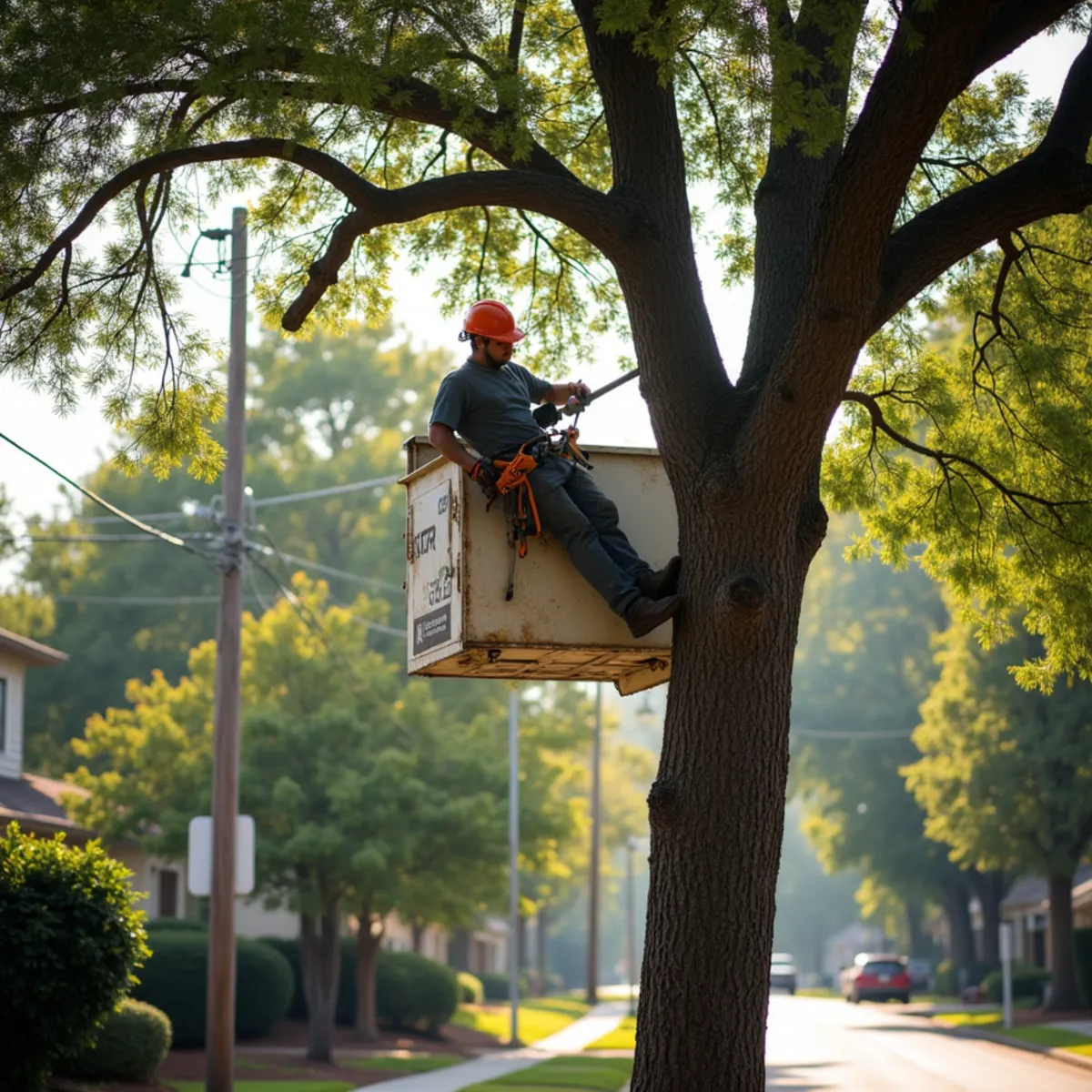 Certified arborist making a precision pruning cut in a mature oak in Atlanta, GA